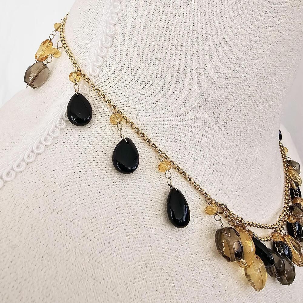 Vintage Elegant B&M 14K Gold Chain Necklace Black Yellow Smoky Gray Crystal Bead - Picture 2 of 7